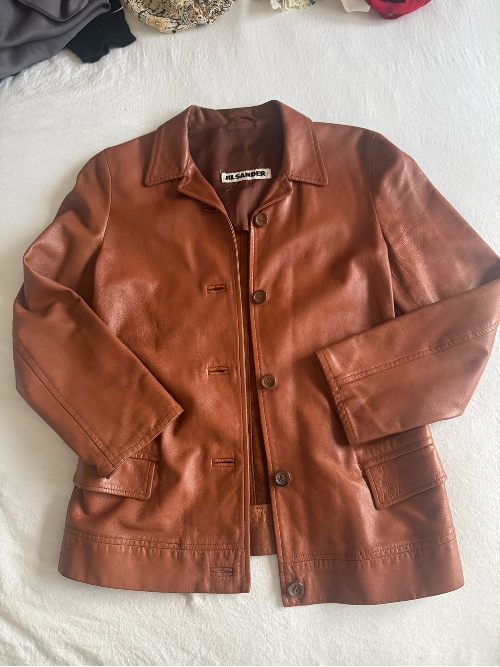 Vintage Jil Sander Chestnut Cognac  Leather Button Jacket S